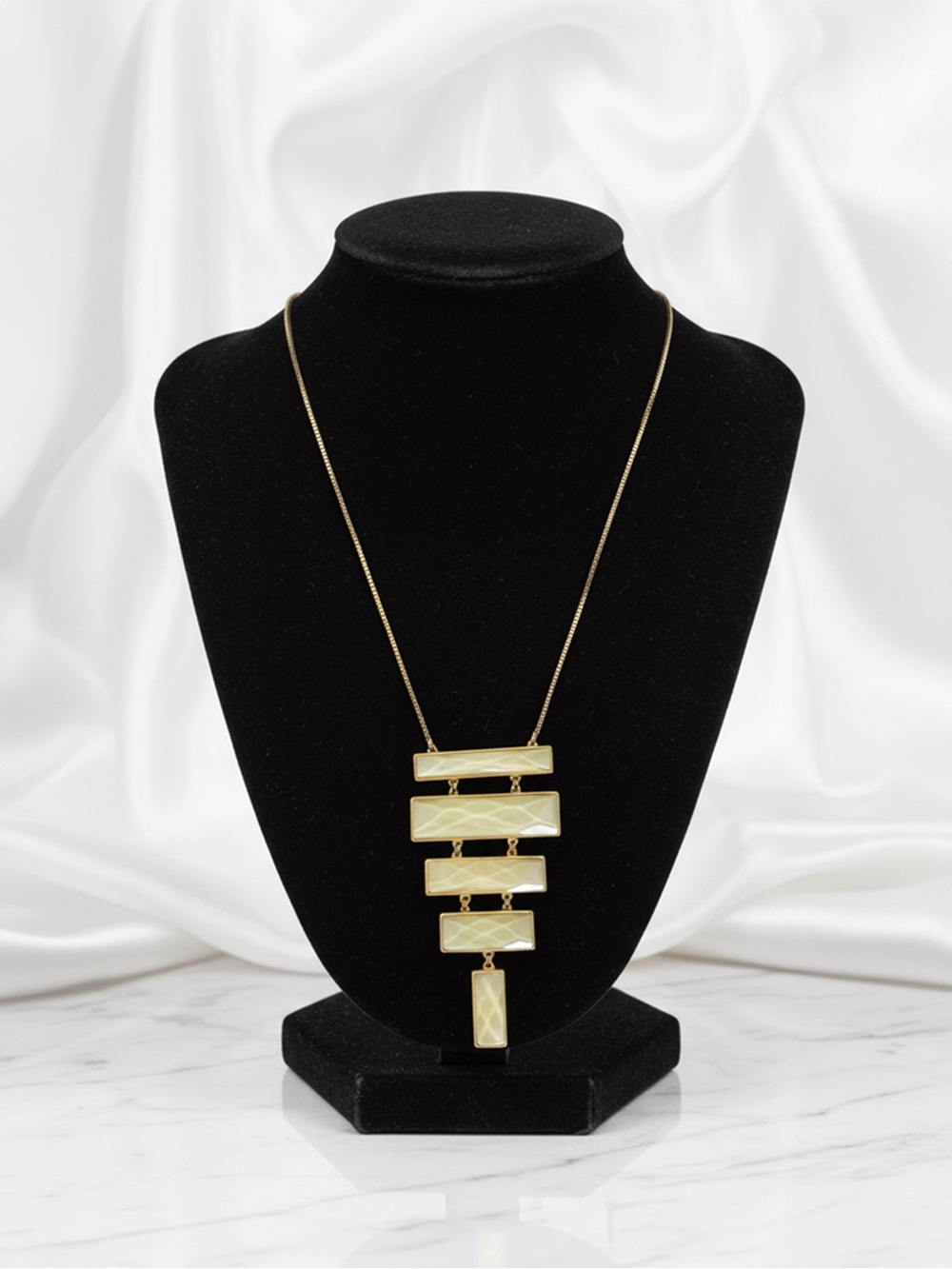 Susan Graver Style Geometric Bib Necklace Gold Tone Cream 30 Inch